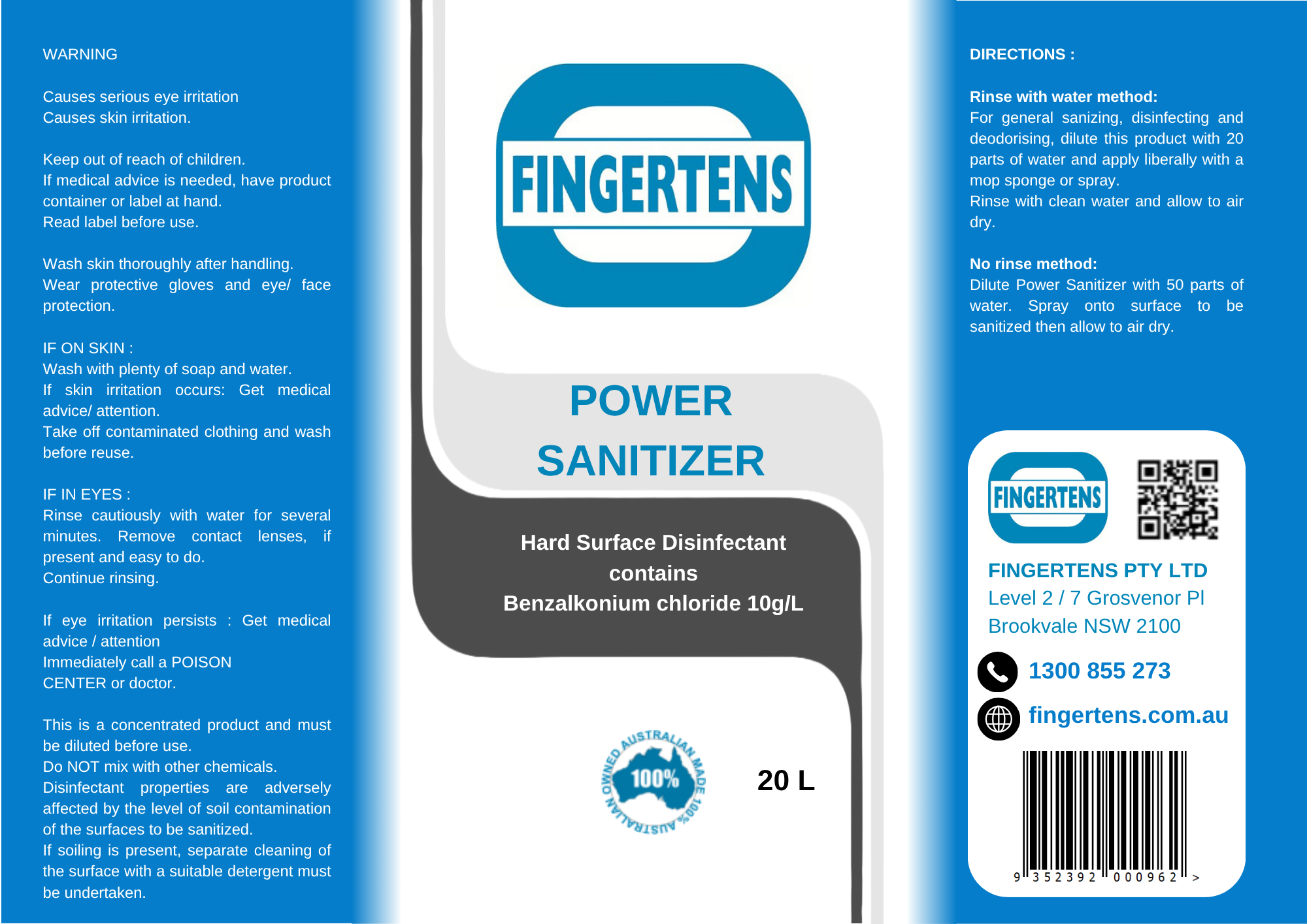 Fingertens Power Sanitiser, Odourless Food Safe Sanitiser 20ltr Plastic Drum