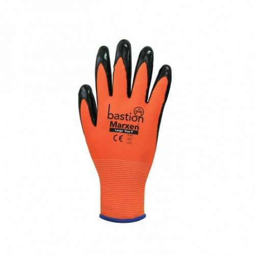 Marxen - High Viz Orange Polyester Gloves Black Nitrile Palm Coating, Large, 12 Pairs per pack