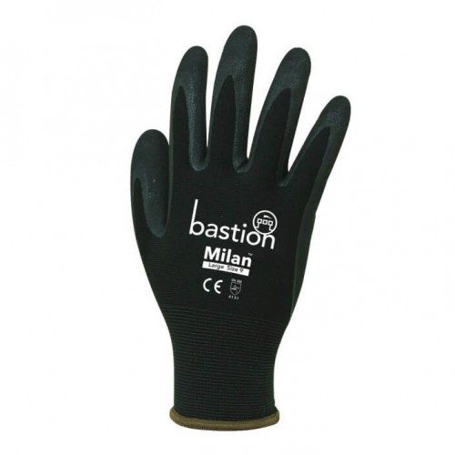 Bastion Milan - Black Nylon Gloves Black Sandy Foam Nitrile Palm Coating