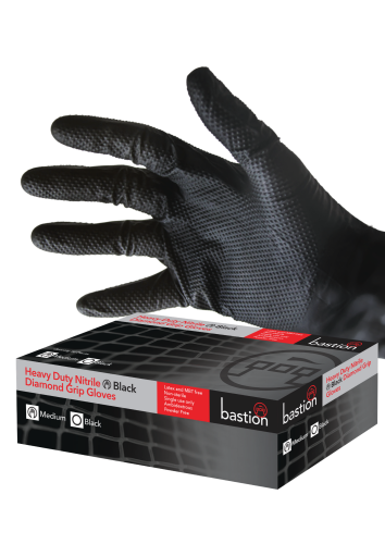 Bastion Heavy Duty Nitrile Diamond Grip Black Gloves - Sizes M, L, XL - 500 Gloves
